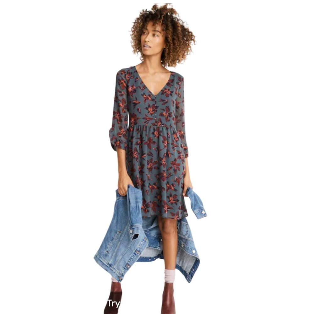 Madewell Button Front Mini Dress Grey Floral V-Neck Ruffle Sleeve K6064 Size 0